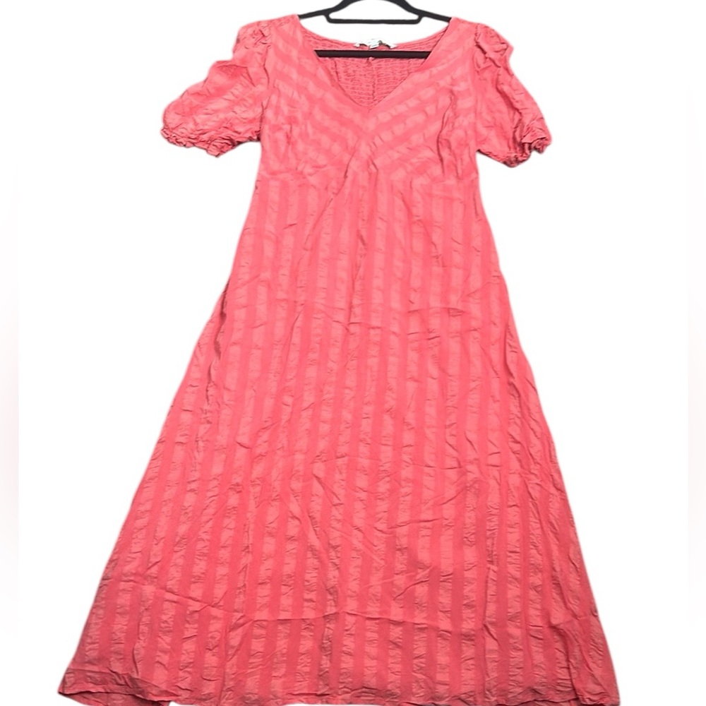 Nines by hutch coral pink stripes midi dress size small vneck smocked back - Picture 2 of 10